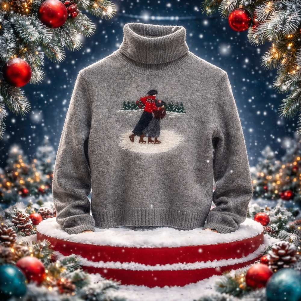 Ralph Lauren Vintage Lambswool Turtleneck Sweater Gray LP Ice Skating - Picture 11 of 13
